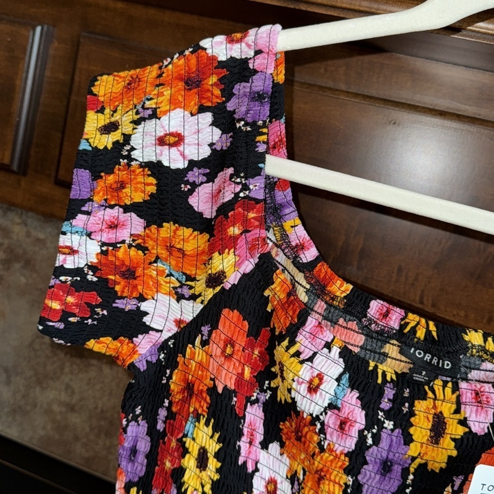 Torrid Maxi Challis Off-Shoulder Dress bright color flower smocked top 14/16 (1) - Picture 8 of 10